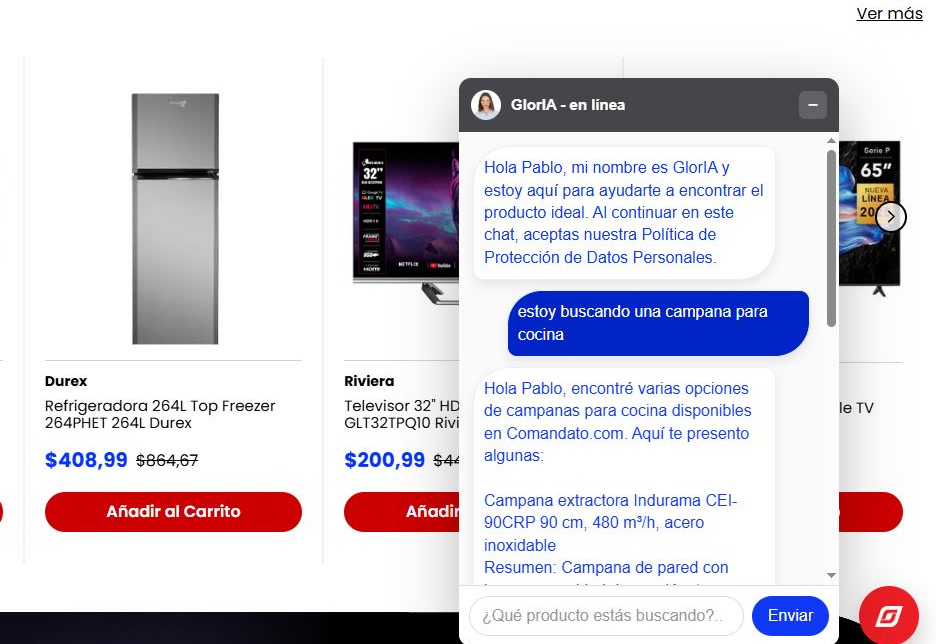 GlorIA atendiendo a un cliente en comandato.com